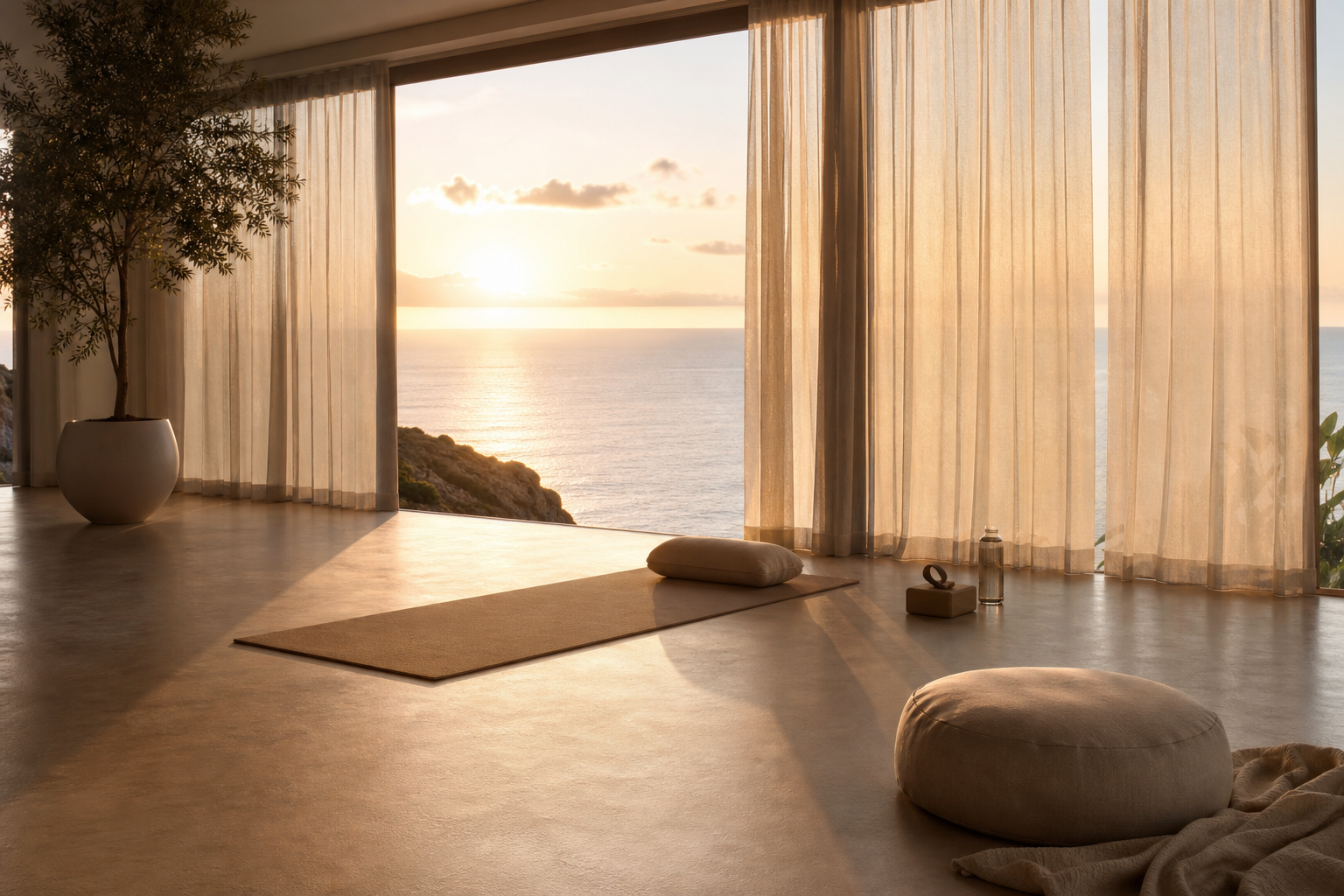 Quiet coastal reset room at sunrise